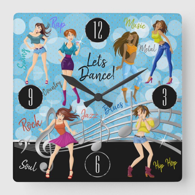Dance All Night Music Girl Design Quadratische Wanduhr (Vorderseite)