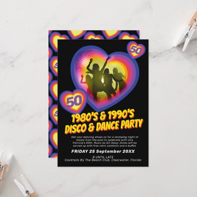 Dance Party Herz Tänzer in den 1980er Jahren Einladung (Vorderseite/Rückseite Beispiel)
