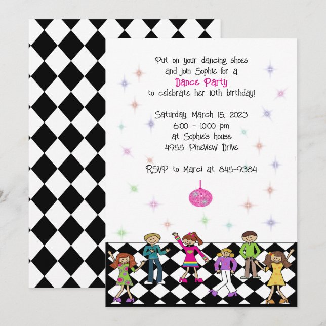 Dance Party Invitations Enfants Disco fête d'anniv (Devant / Derrière)
