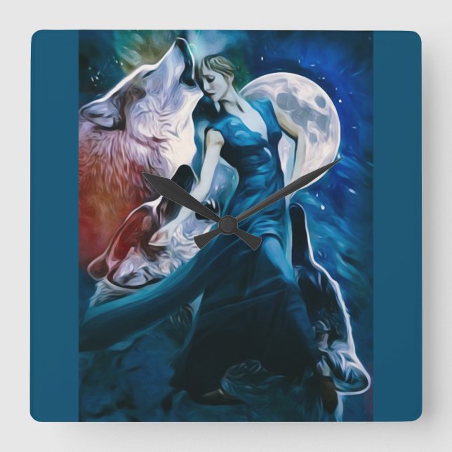 Dancer and Wolves Quadratische Wanduhr (Vorderseite)