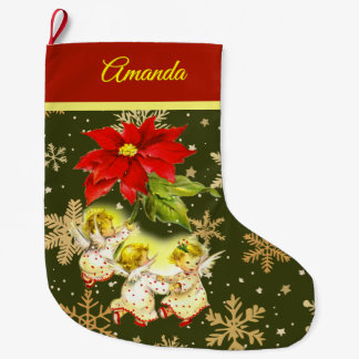 Dancing Baby Angels on Green mit Gold Snowflakes Großer Weihnachtsstrumpf