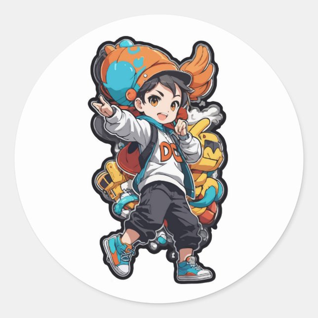 Dancing Boy mit Robot Sidekick Cartoon Design Runder Aufkleber (Vorderseite)