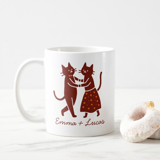 Dancing Cat Couple, Cute Wedding custom name Kaffeetasse (Mit Donut)