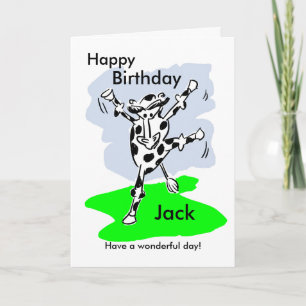 Dancing cow named birthday card add message inside karte