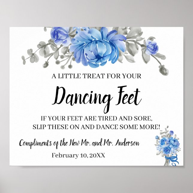 Dancing Feet Flip Flops Wedding Blue Flowers Sign Poster (Vorne)