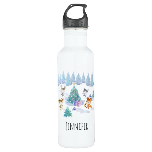 Dancing Forest Animes Weihnachten Wasserfarbe Edelstahlflasche (Vorderseite)