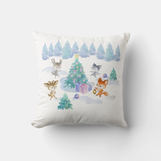 Dancing Forest Animes Weihnachten Wasserfarbe Kissen (Vorderseite)