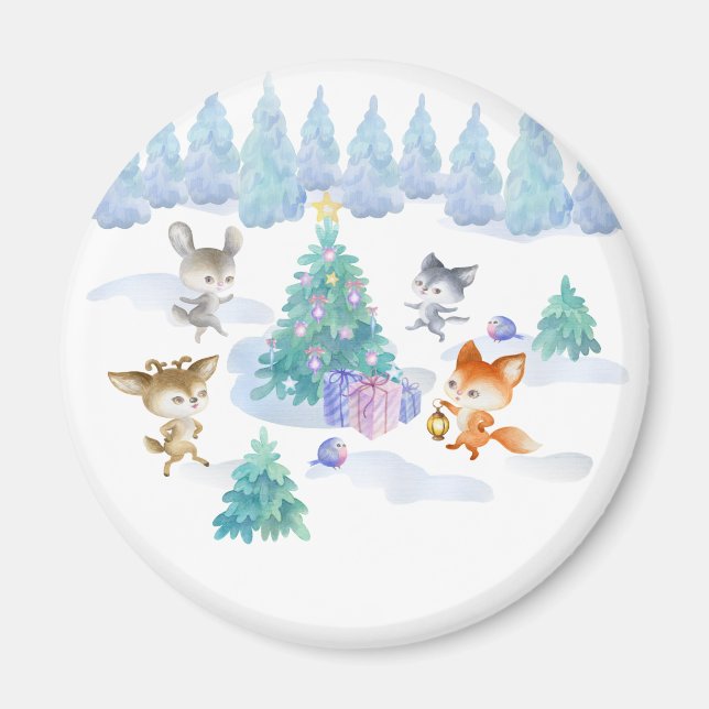 Dancing Forest Animes Weihnachten Wasserfarbe Magnet (Vorne)