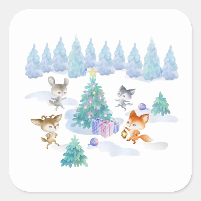 Dancing Forest Animes Weihnachten Wasserfarbe Quadratischer Aufkleber (Vorderseite)