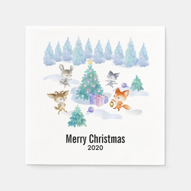 Dancing Forest Animes Weihnachten Wasserfarbe Serviette (Vorderseite)