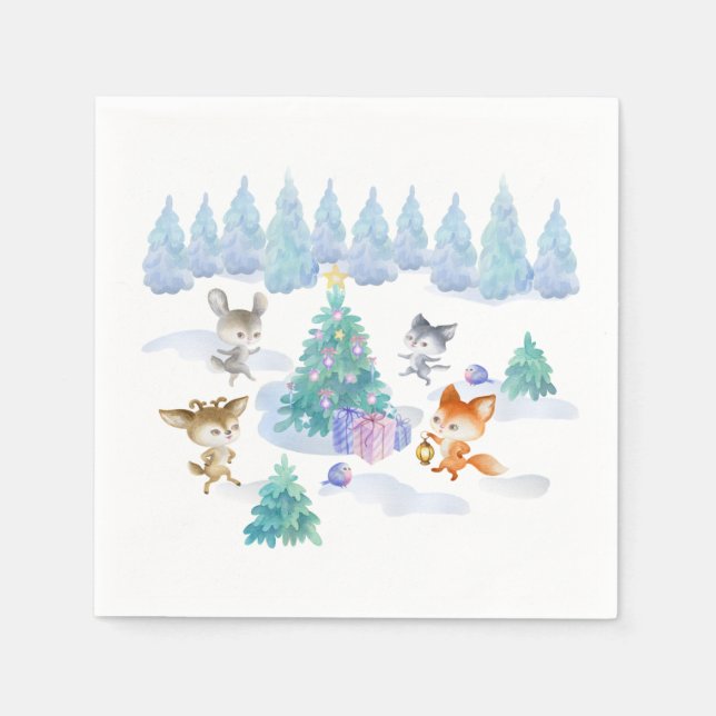Dancing Forest Animes Weihnachten Wasserfarbe Serviette (Vorderseite)