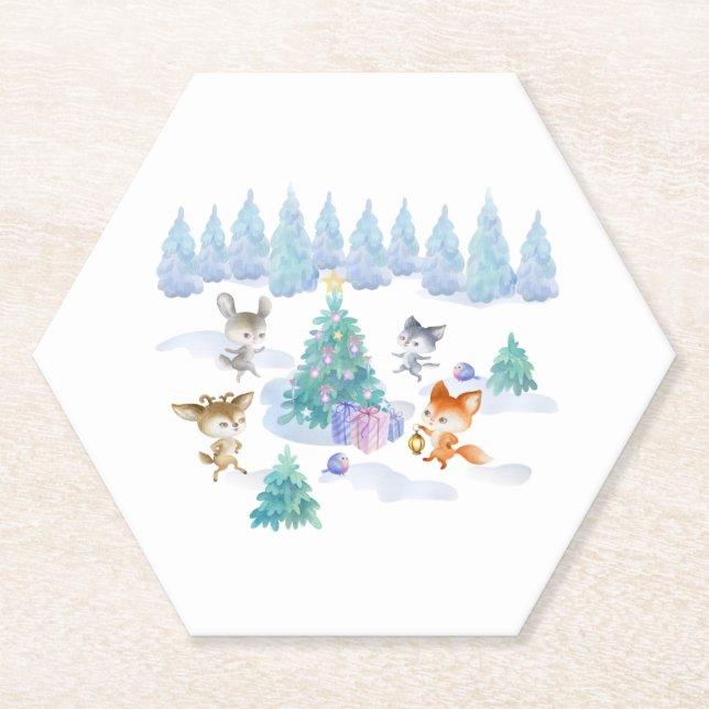 Dancing Forest Animes Weihnachten Wasserfarbe Untersetzer (Vorderseite)