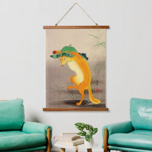 Dancing Fox Ohara Koson 1910 Wandteppich Mit Holzrahmen