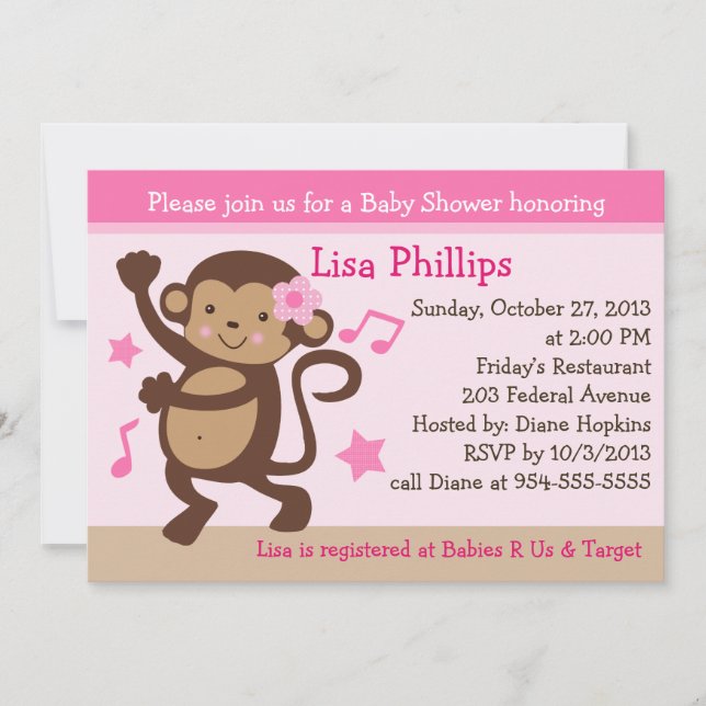 Dancing Girl Monkey Rocker Baby shower Invitation (Devant)