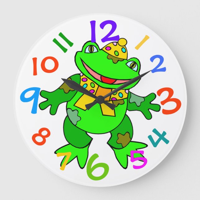 Dancing Green Frog Kids Clock farbenfrohe Zahlen Große Wanduhr (Vorderseite)
