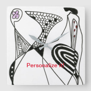 "Dancing Hen" abstracted chicken in black & white Quadratische Wanduhr