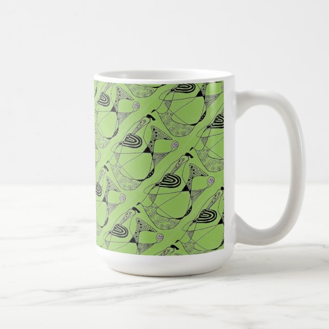 "Dancing Hen on Green Tiled" Abstrakte Design-Tass Kaffeetasse (Rechts)