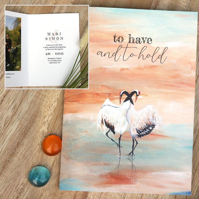 Dancing Japanisch Tancho Cranes Beige Blue Wedding Einladung (asian origami cranes natural beige terracotta copper rust turquoise wedding invitation)