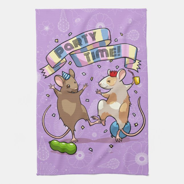 Dancing Mäuse Party Time Banner Confetti & Balloon Geschirrtuch (Vertikal)