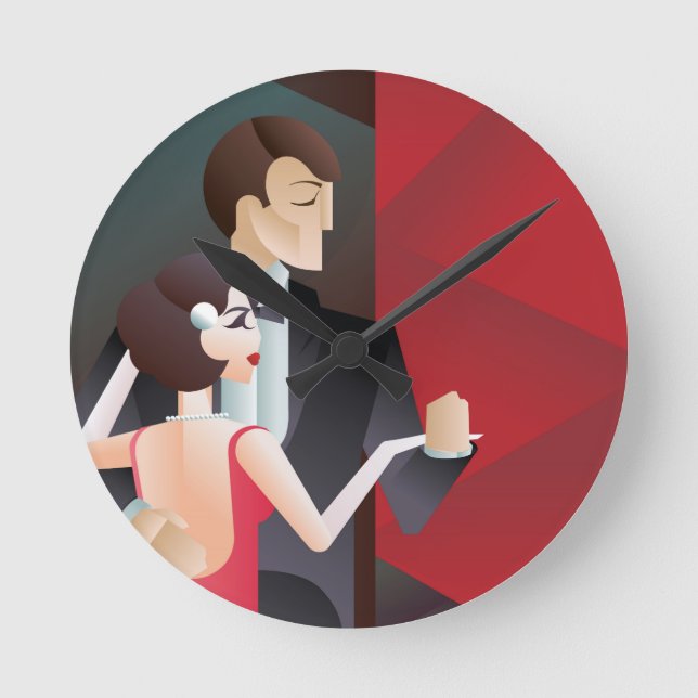 Dancing Paar Art Déco geometrisches Poster Runde Wanduhr (Vorderseite)