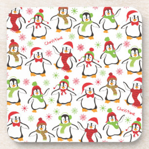 Dancing Penguins Red and Green Pattern Christmas Getränkeuntersetzer