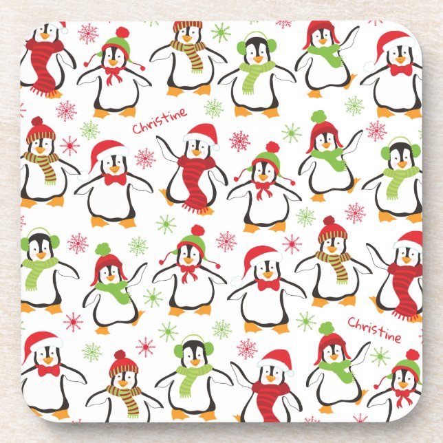 Dancing Penguins Red and Green Pattern Christmas Getränkeuntersetzer (Vorderseite)