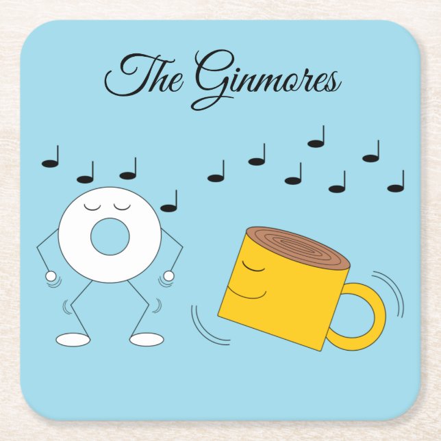 Dancing Powded Donut & Coffee Tasse: Rechteckiger Pappuntersetzer (Vorderseite)