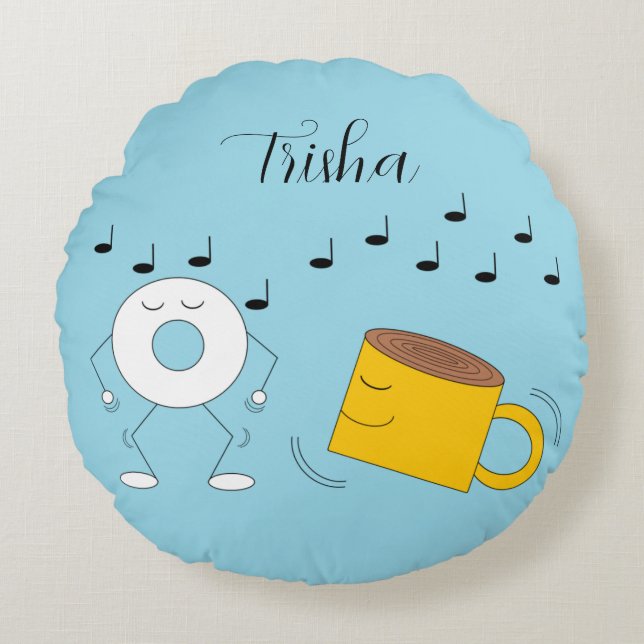 Dancing Powded Donut & Coffee Tasse: Rundes Kissen (Vorderseite)