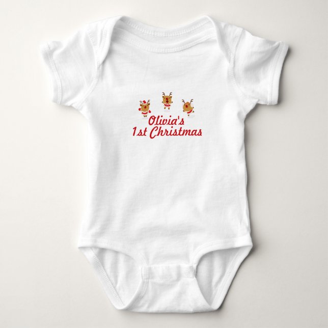 Dancing Reindeer 1. Erstes frohes Weihnachtsfest W Baby Strampler (Vorderseite)