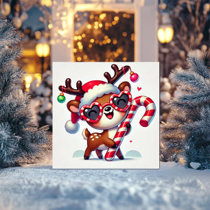 Dancing Rentier mit Candy Cane und Herzbrille Feiertagskarte