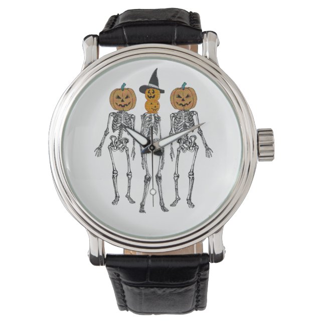 Dancing Skeleton Pumpkin Head Funny Halloween Armbanduhr (Vorderseite)