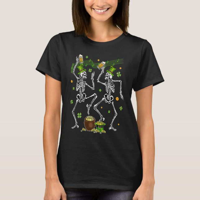 Dancing Skeletons Leprechaun Drinking Beer St Patr T-Shirt (Vorderseite)