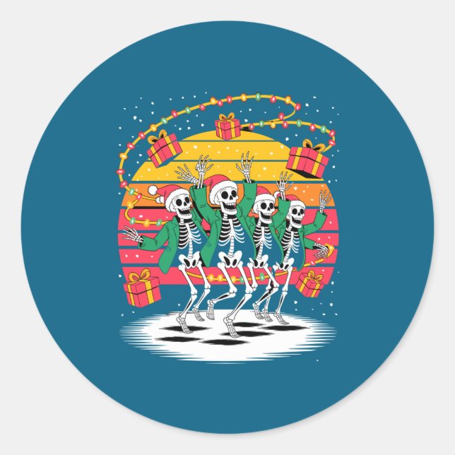 Dancing Skeletons With Santa Hats Christmas Lights Runder Aufkleber (Vorderseite)