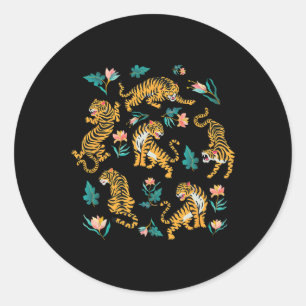 Dancing Tigers Cartoon Grafische Asiatische Kunst Runder Aufkleber