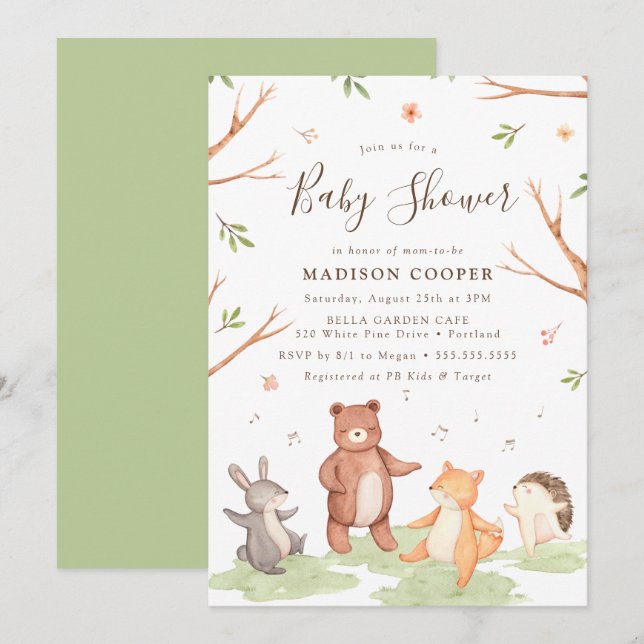 Dancing Woodland Animals Kinderdusche Einladung (Vorne/Hinten)