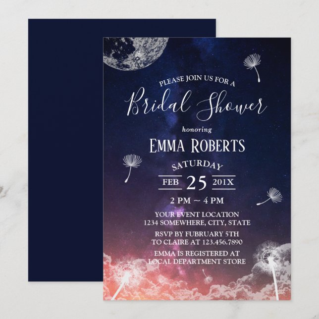 Dandelion Blownion Moon & Stars Brautparty Einladung (Vorne/Hinten)