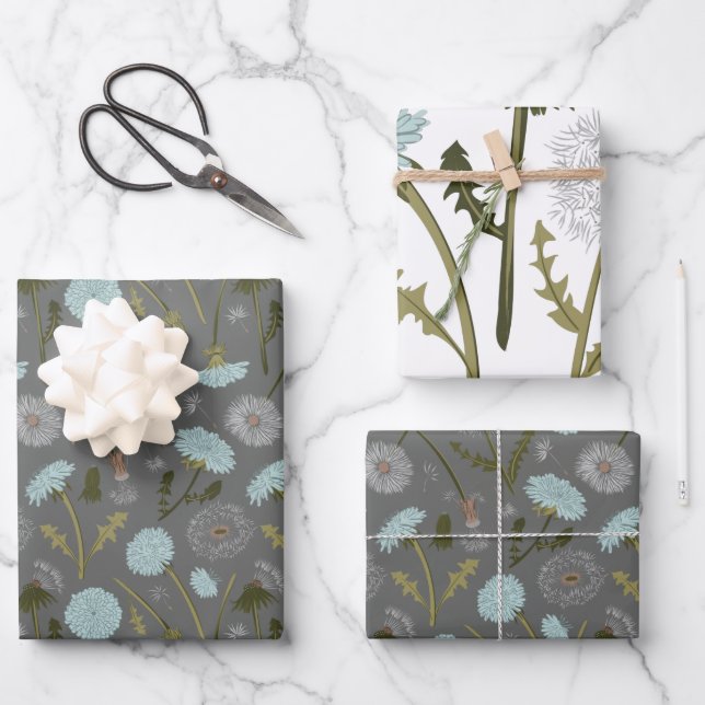 Dandelion Blue Gray Blume Muster Geschenkpapier Set (Vorderseite)