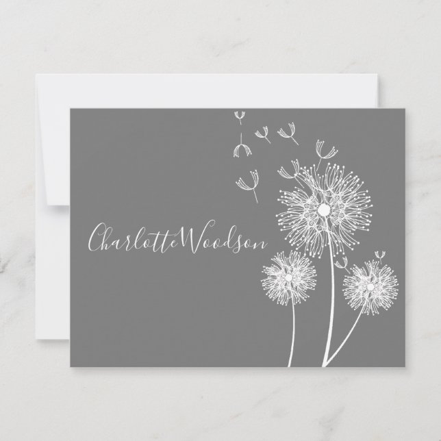 Dandelion Blume Graue Skriptnamenskarte Mitteilungskarte (Vorderseite)