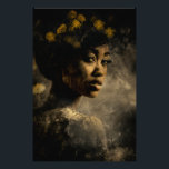 Dandelion Crown Melanin Glow Portrait Fotodruck<br><div class="desc">Golden light caresses rich brown skin, illuminating sculpted cheekbones, glossy lips, and soulful dark eyes beneath a voluminous natural afro adorned with delicate yellow dandelions and their feathery seeds. The wildflowers form an organic crown that feels alive and symbolic—growth emerging from within, fragility turned into strength, renewal woven into identity....</div>