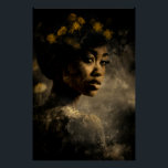 Dandelion Crown Melanin Glow Portrait Poster<br><div class="desc">Golden light caresses rich brown skin, illuminating sculpted cheekbones, glossy lips, and soulful dark eyes beneath a voluminous natural afro adorned with delicate yellow dandelions and their feathery seeds. The wildflowers form an organic crown that feels alive and symbolic—growth emerging from within, fragility turned into strength, renewal woven into identity....</div>