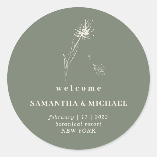 Dandelion Floral Boho Sage Welcome Party Runder Aufkleber (Vorderseite)