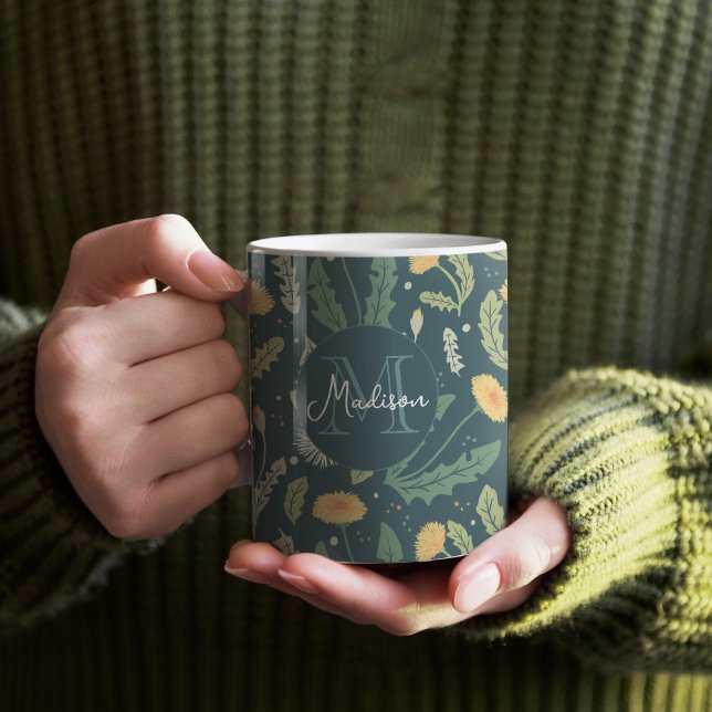 Dandelion Floral Weed Muster Kaffeetasse (Dandelion Pattern Mug with Custom Monogram)