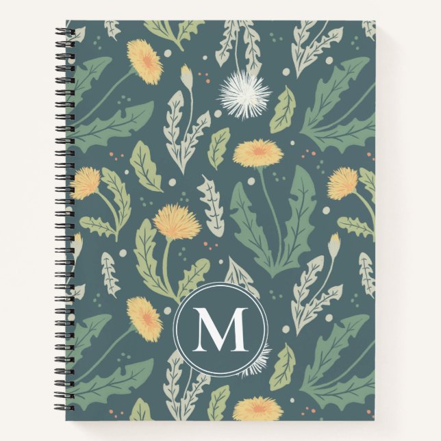Dandelion Floral Weed Pattern & Monogram Notizbuch (Vorderseite)