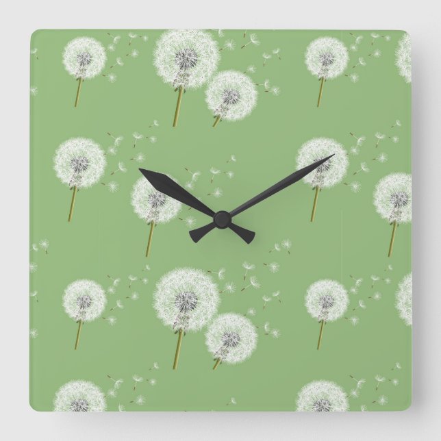 Dandelion Muster auf grünem Hintergrund Quadratische Wanduhr (Vorderseite)