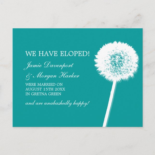 Dandelion White & Aquamarin Elopement Ankündigungspostkarte (Vorderseite)