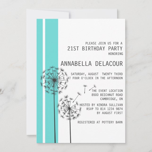 Dandelions Blue Modern Birthday Einladung (Vorderseite)
