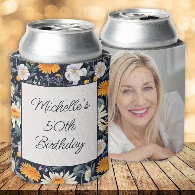Dandelions Daisies Navy Blue Birthday Name Foto Dosenkühler (Yellow dandelions and white daisies birthday party photo can cooler)