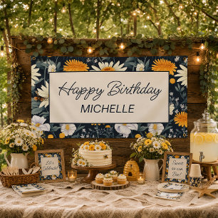 Dandelions Daisies Navy Blue Happy Birthday Banner