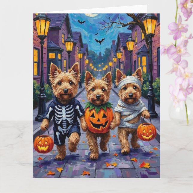 Dandie Dinmont Terrier Trick-or-Treating Halloween Karte (Orchidee)