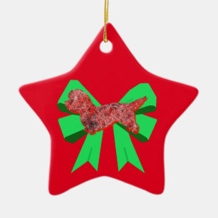Dandie Dog Silhouette Red & Green Bow Weihnachten Keramik Ornament